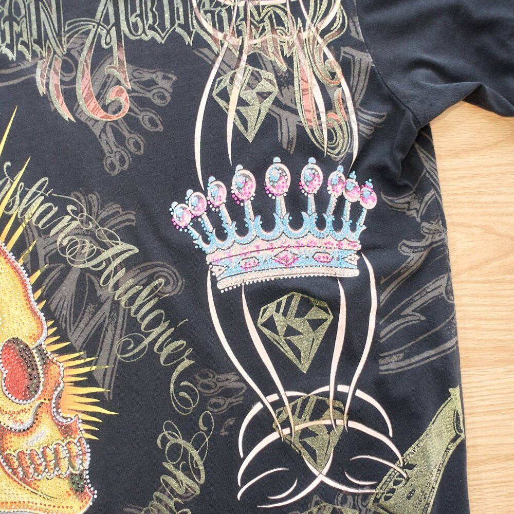 Christian Audigier T-Shirt / Skull Crown Money / Size M / Black / Made in - Picture 5 of 16